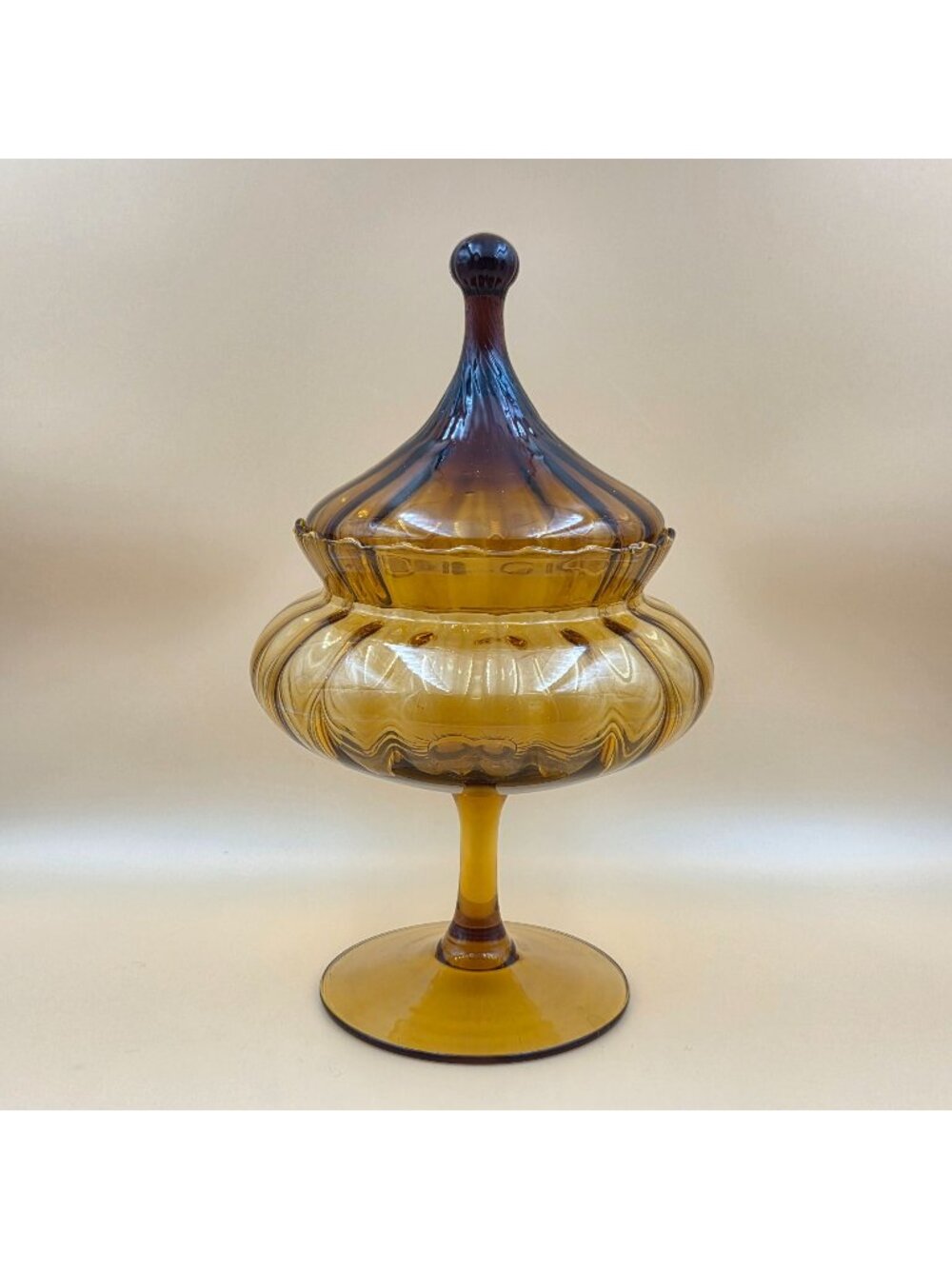 Empoli Amber Glass Circus Tent Candy Dish Pedestal Apothecary Jar With Lid
